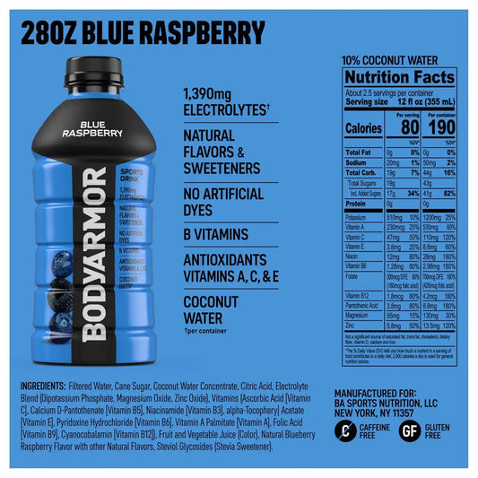 BODYARMOR Sports Drink, Blue Raspberry Electrolyte Drink, 28 Oz (15 Pk)