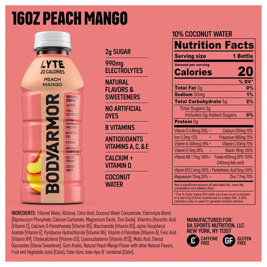 BODYARMOR LYTE Sports Drink, Peach Mango Electrolyte Drink, 16 Oz (6 Pk)