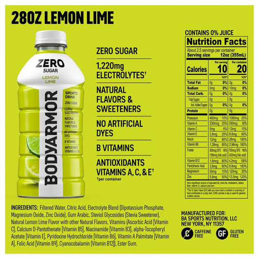 BODYARMOR ZERO Sugar Electrolyte Drink, Lemon Lime, 28 Oz (15 Pk)