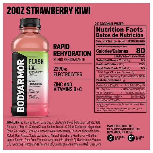 BODYARMOR Flash IV Hydration Drink, Strawberry Kiwi, 20 Oz (12 Pk)