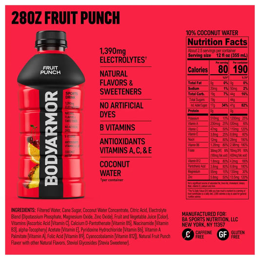BODYARMOR Sports Drink, Fruit Punch Electrolyte Drink, 28 Oz (15 Pk)