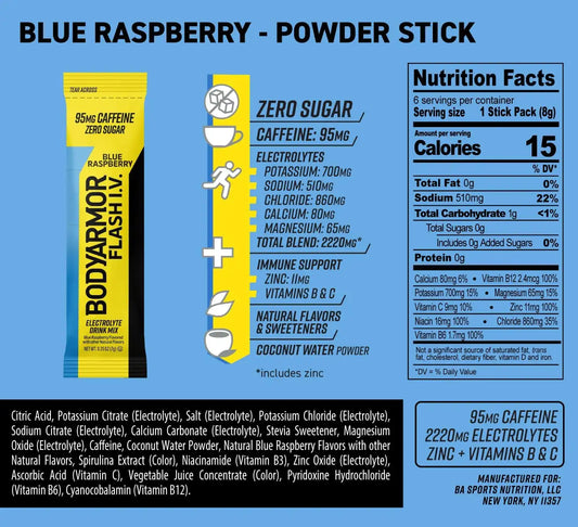 BODYARMOR Caffeinated Flash I.V. Electrolyte Packets Blue Raspberry - Zero Sugar Energy Drink Mix, Serve Packs, Hydration for Pre Workout, Travel Essentials, Active Lifestyle, 6 Count (Pack of 2)