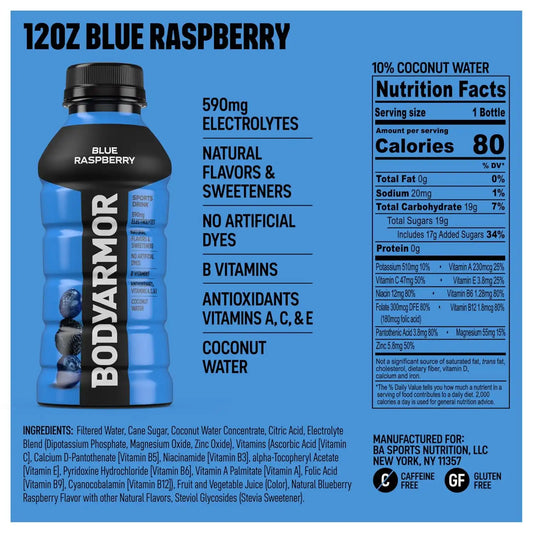 BODYARMOR Sports Drink Variety Pack, Coconut Water Hydration, Natural Flavors w Vitamins, Potassium Packed Electrolytes For Athletes, Strawberry Banana, Blue Raspberry, Orange Mango, 12 Oz - 24 pack