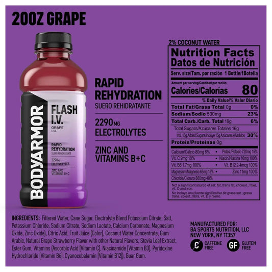 BODYARMOR Flash IV Hydration Drink, Grape, 20 Oz (12 Pk)