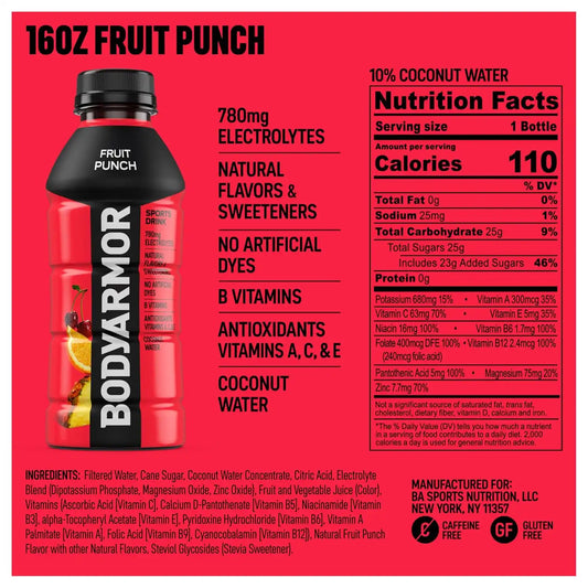 BODYARMOR Sports Drink, Fruit Punch Electrolyte Drink, 16 Oz (6 Pk)