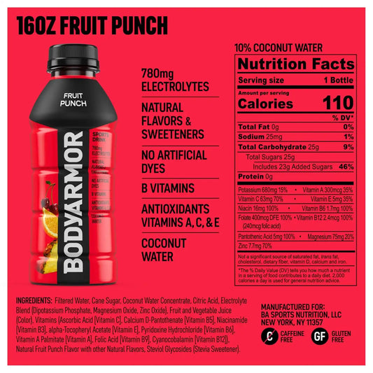 BODYARMOR Sports Drink, Fruit Punch Electrolyte Drink, 16 Oz (12 Pk)