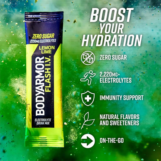 BODYARMOR Flash IV Zero Sugar Electrolyte Mix, Lemon Lime, 15 Ct